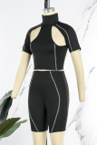 Black Sexy Solid Hollowed Out Turtleneck Short Sleeve Two Pieces