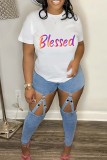 Red Casual Letter Print Basic O Neck T-Shirts