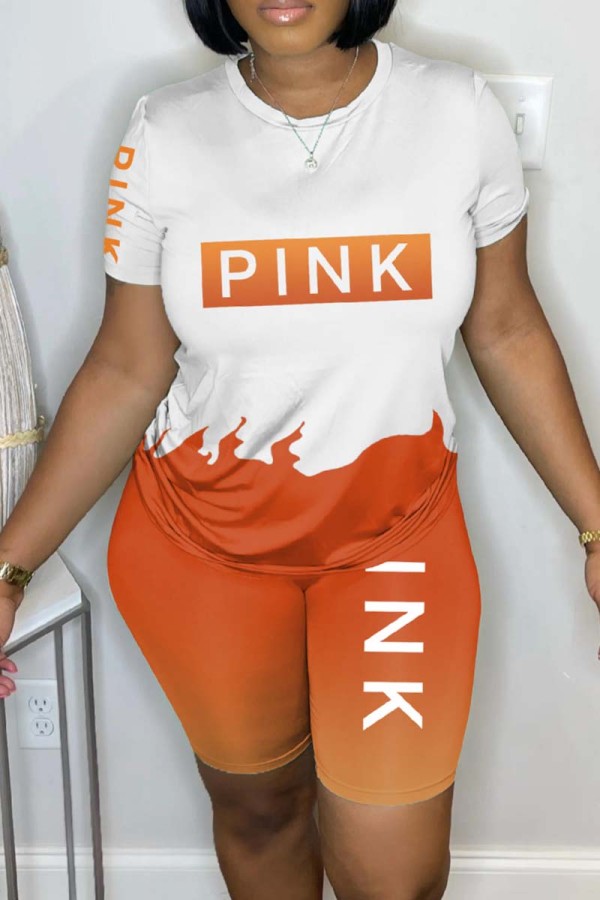 Orange Casual Letter Print Basic O Neck Short Sleeve Two Pieces