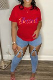 Red Casual Letter Print Basic O Neck T-Shirts
