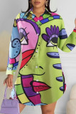 Colour Casual Street Print Patchwork Buckle Turndown Collar Tops