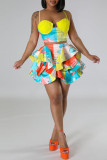 Colour Sexy Print Sequins Patchwork Flounce Spaghetti Strap Sleeveless Two Pieces