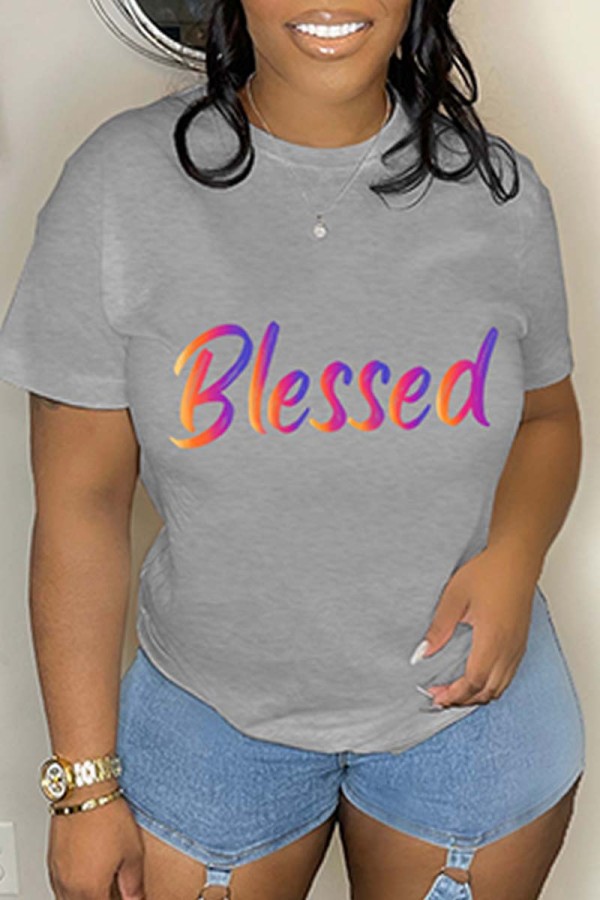 Grey Casual Letter Print Basic O Neck T-Shirts