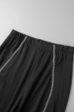 Black Sexy Solid Hollowed Out Turtleneck Short Sleeve Two Pieces