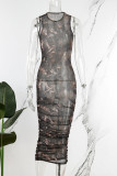 Brown Sexy Print Patchwork Fold O Neck One Step Skirt Dresses