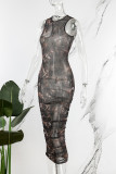 Brown Sexy Print Patchwork Fold O Neck One Step Skirt Dresses