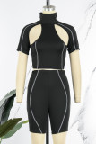 Black Sexy Solid Hollowed Out Turtleneck Short Sleeve Two Pieces
