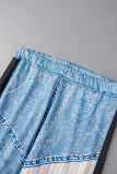 Blue Casual Print Patchwork Skinny High Waist Pencil Full Print Trousers