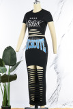 Black Street Print Hollowed Out Patchwork O Neck Short Sleeve Two Pieces