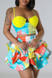 Colour Sexy Print Sequins Patchwork Flounce Spaghetti Strap Sleeveless Two Pieces