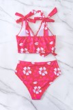 Rose Red Sexy Print Bandage Swimwears (With Paddings)