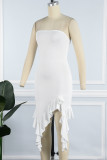 White Sexy Solid Patchwork Backless Strapless Irregular Dress Dresses