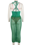 Green Sexy Solid Hollowed Out Patchwork Spaghetti Strap Sleeveless Two Pieces