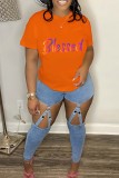 Red Casual Letter Print Basic O Neck T-Shirts