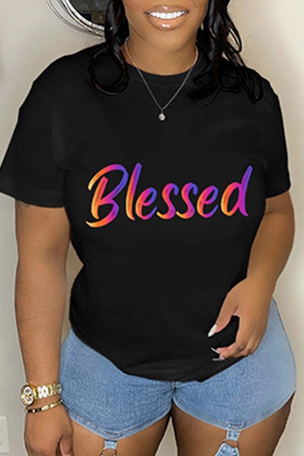 Black Casual Letter Print Basic O Neck T-Shirts