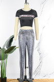 Black Casual Letter Print Patchwork O Neck Short Sleeve Two Pieces