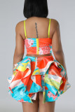 Colour Sexy Print Sequins Patchwork Flounce Spaghetti Strap Sleeveless Two Pieces