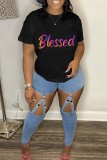 Red Casual Letter Print Basic O Neck T-Shirts