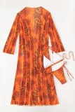 Orange Sexy Print Bandage Cardigan Swimsuit Three Piece Set (With Paddings)