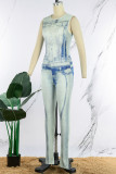 Multicolor Casual Print Patchwork O Neck Skinny Jumpsuits