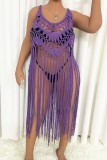 Apricot Sexy Solid Tassel Hollowed Out Swimwears Cover Up