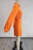 Orange Casual Print Letter With Belt V Neck One Step Skirt Dresses