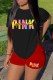 Black Casual Print Letter O Neck Short Sleeve Two Pieces