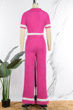 Rose Red Casual Solid Patchwork V Neck Short Sleeve Two Pieces