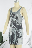 Rose Red Casual Print Basic O Neck Sleeveless Dress Dresses