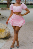 Pink Street Solid Patchwork Flounce Fold Square Collar Sleeveless Two Pieces