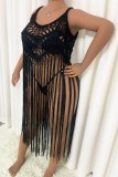 Apricot Sexy Solid Tassel Hollowed Out Swimwears Cover Up