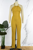 Purple Casual Solid Bandage Backless Halter Skinny Jumpsuits