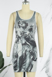 Rose Red Casual Print Basic O Neck Sleeveless Dress Dresses