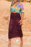 Brown Sexy Print Patchwork Fold Low Waist Pencil Full Print Bottoms