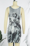 Rose Red Casual Print Basic O Neck Sleeveless Dress Dresses
