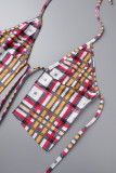 Blue Sexy Plaid Print Bandage Backless Halter Sleeveless Two Pieces