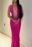 Rose Red Sexy Solid Backless Halter Long Dress Dresses