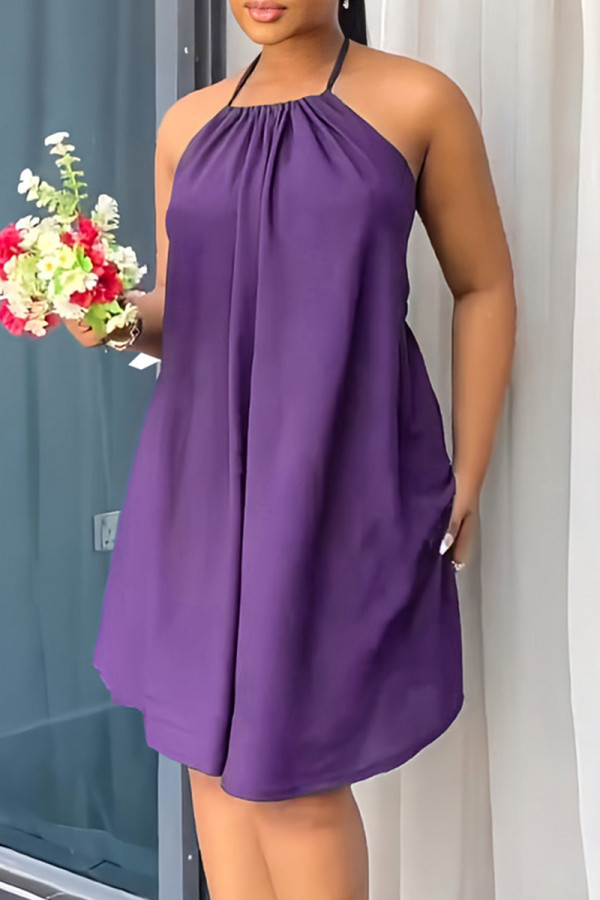 Purple Sexy Casual Solid Bandage Backless Halter Sleeveless Dress Dresses