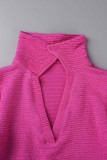 Rose Red Casual Solid Patchwork V Neck Short Sleeve Two Pieces