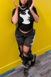 Black Casual Daily Print Patchwork O Neck T-Shirts