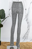 Deep Coffee Casual Striped Patchwork Skinny High Waist Conventional Patchwork Trousers