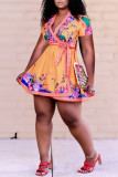 Orange Casual Print Bandage Patchwork V Neck A Line Dresses