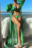 Green Sexy Print Bandage Cardigan Swimsuit Three Piece Set (With Paddings)