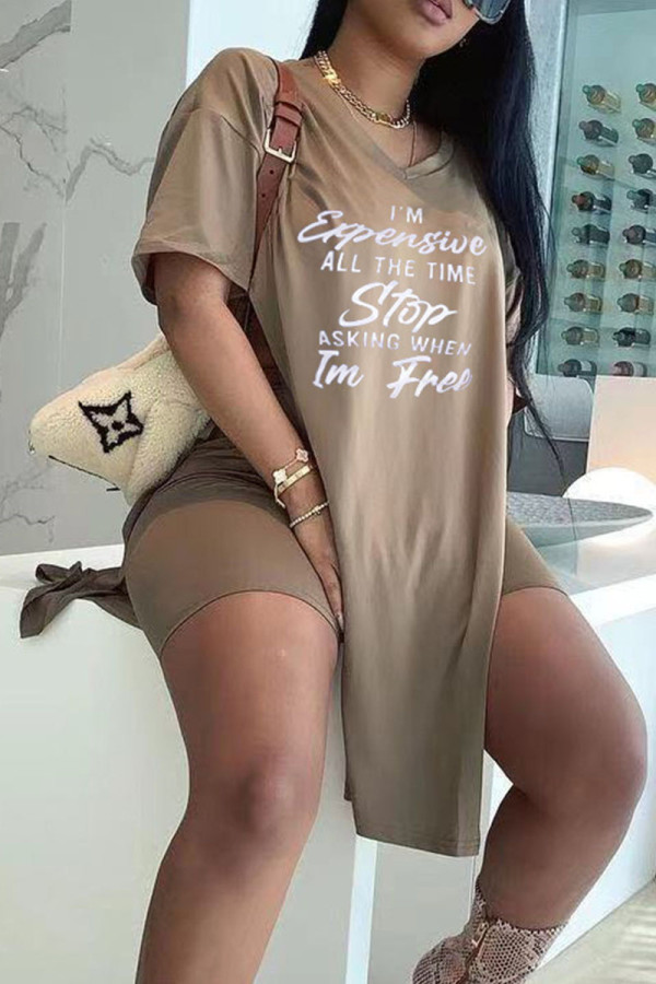 Khaki Casual Print Patchwork Slit V Neck Short Sleeve Two Pieces