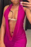 Rose Red Sexy Solid Backless Halter Long Dress Dresses