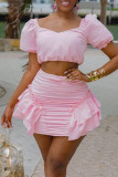 Pink Street Solid Patchwork Flounce Fold Square Collar Sleeveless Two Pieces