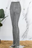 Deep Coffee Casual Striped Patchwork Skinny High Waist Conventional Patchwork Trousers