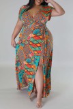 Multicolor Casual Print Slit V Neck Short Sleeve Dress Plus Size Dresses