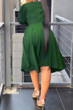 Green Casual Solid Hollowed Out V Neck A Line Dresses