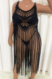 Blue Sexy Solid Tassel Hollowed Out Swimwears Cover Up